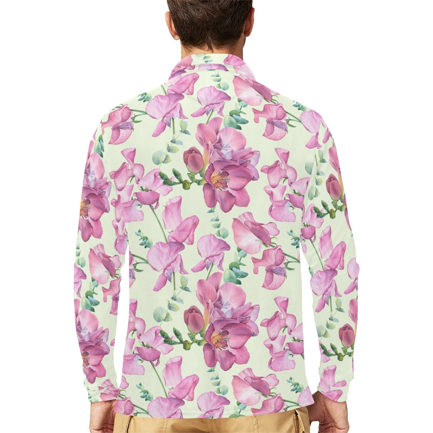 Peony Pattern Print Design PE011 Long Sleeve Polo Shirt For Men's