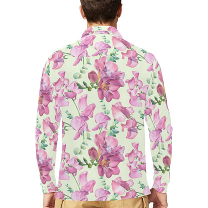 Peony Pattern Print Design PE011 Long Sleeve Polo Shirt For Men's