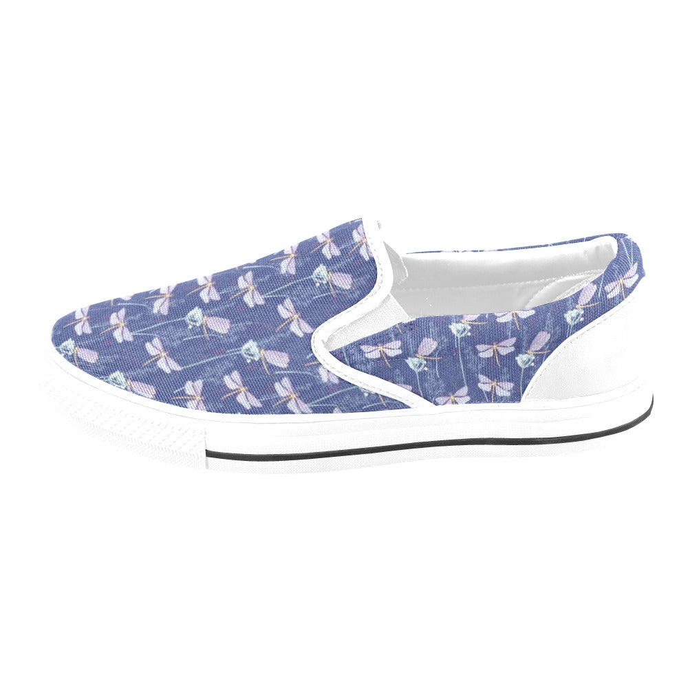 Dragonfly Print Design LKS401 White Slip Ons Canvas Women's Shoes