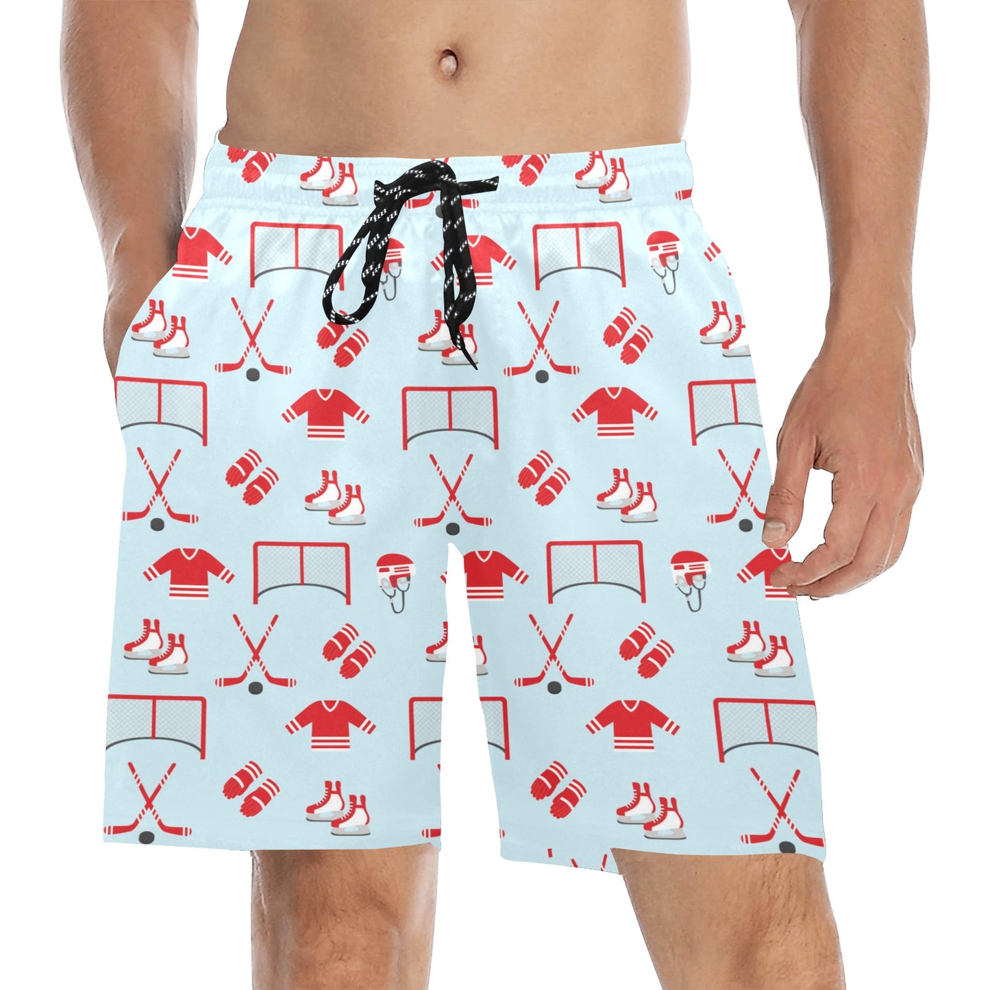 Hockey Red Equipment Print Design LKS305 Men's Swim Trunks Beach Shorts
