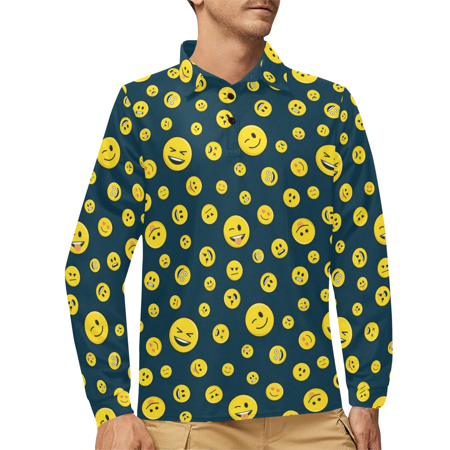 Smiley Face Emoji Print Design LKS301 Long Sleeve Polo Shirt For Men's