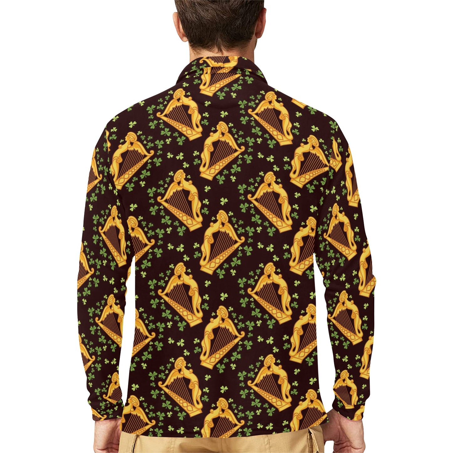 Harp Pattern Print Design 02 Long Sleeve Polo Shirt For Men's