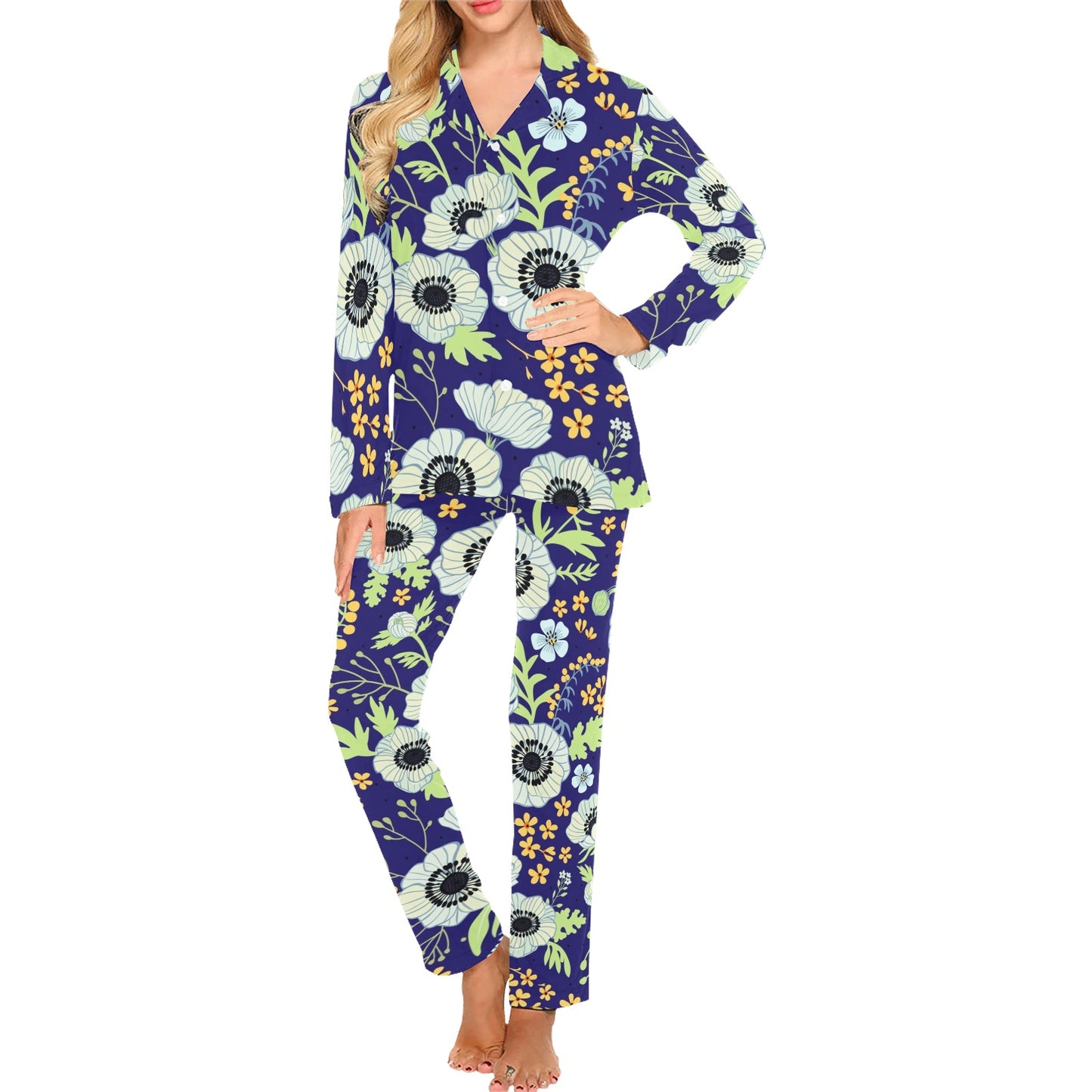 Anemone Pattern Print Design AM06 Women's Long Pajama Set