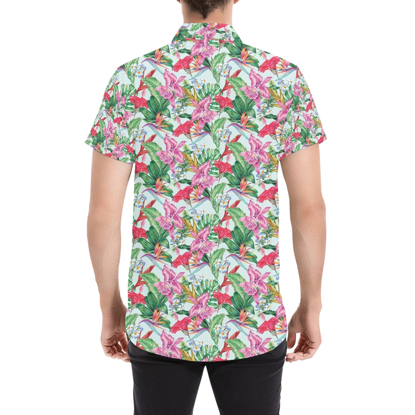 Tropical Flower Print Design LKS304 Men Short Sleeve Button Up Shirt