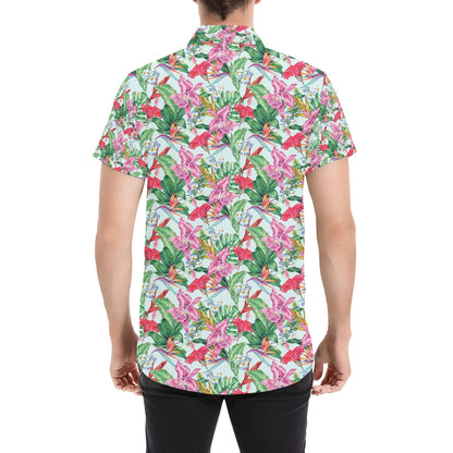Tropical Flower Print Design LKS304 Men Short Sleeve Button Up Shirt