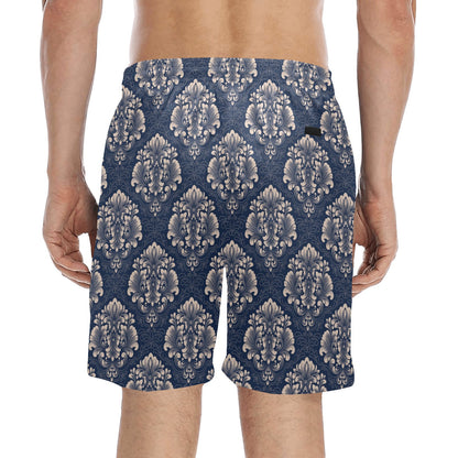 Damask Blue Luxury Print Pattern Men's Swim Trunks Beach Shorts