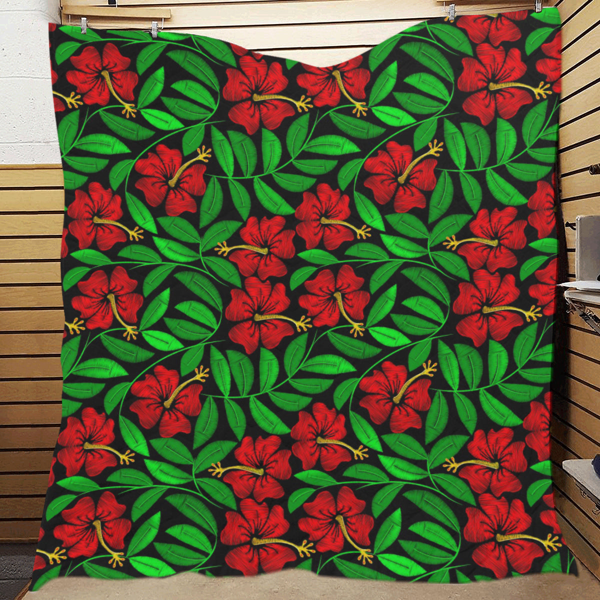 Red Hibiscus Embroidered Pattern Print Design HB03 Premium Quilt