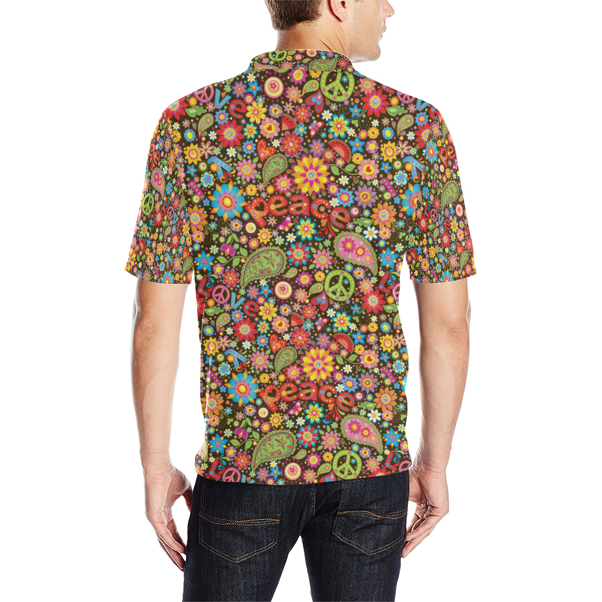 Flower Power Peace Paisley Themed Print Men Polo Shirt