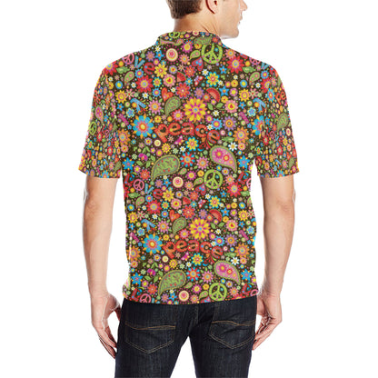 Flower Power Peace Paisley Themed Print Men Polo Shirt