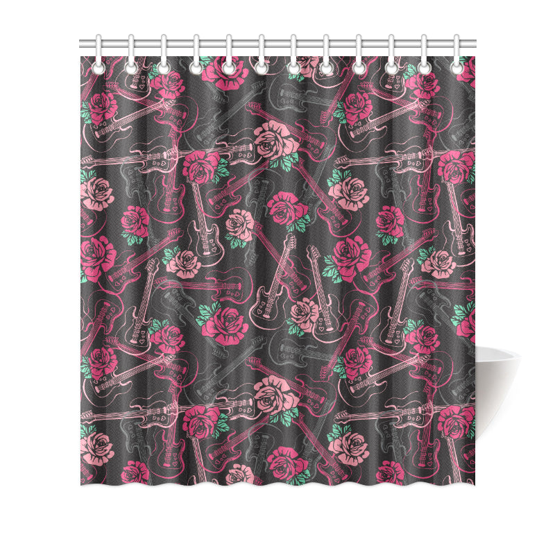 Bass Guitar Pink Rose Pattern Print Design 01 Shower Curtain