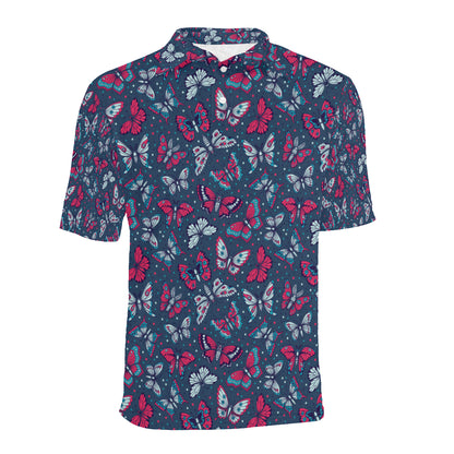 Butterfly Red Deep Blue Print Pattern Men Polo Shirt