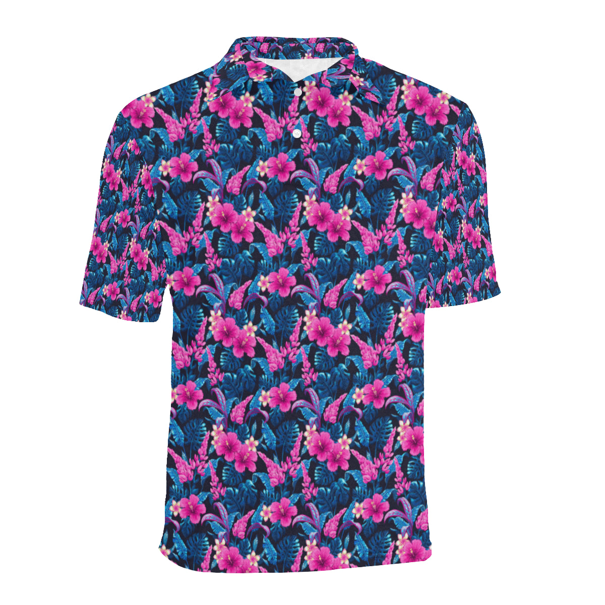 Tropical Folower Pink Themed Print Men Polo Shirt