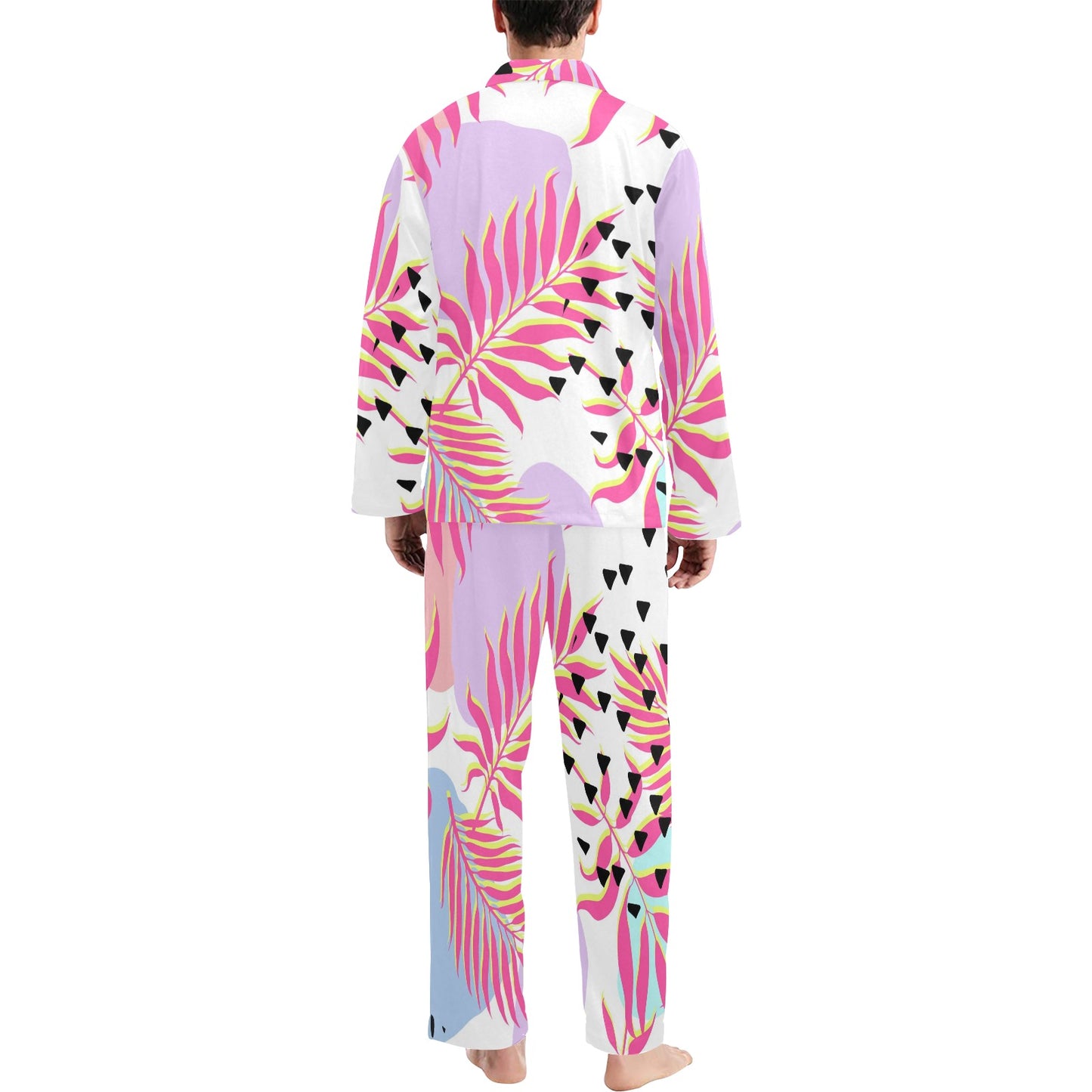 Pink Tropical Palm Leaves Men's Long Pajama Set