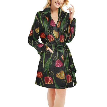 Tulip Embroidered Pattern Print Design TP01 Women's Fleece Robe