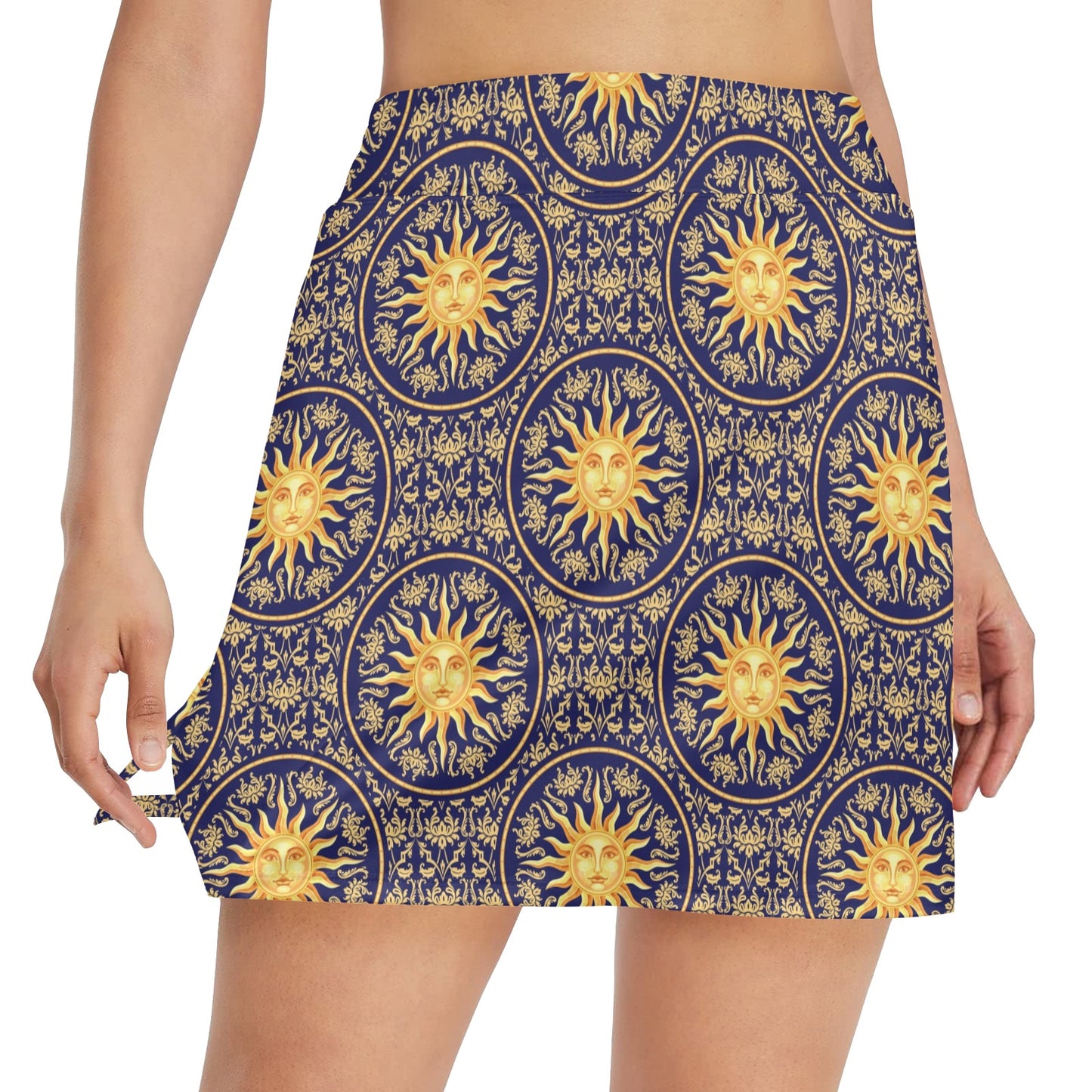 Celestial Gold Sun Face 17" Golf & Pickleball Skort with Pockets