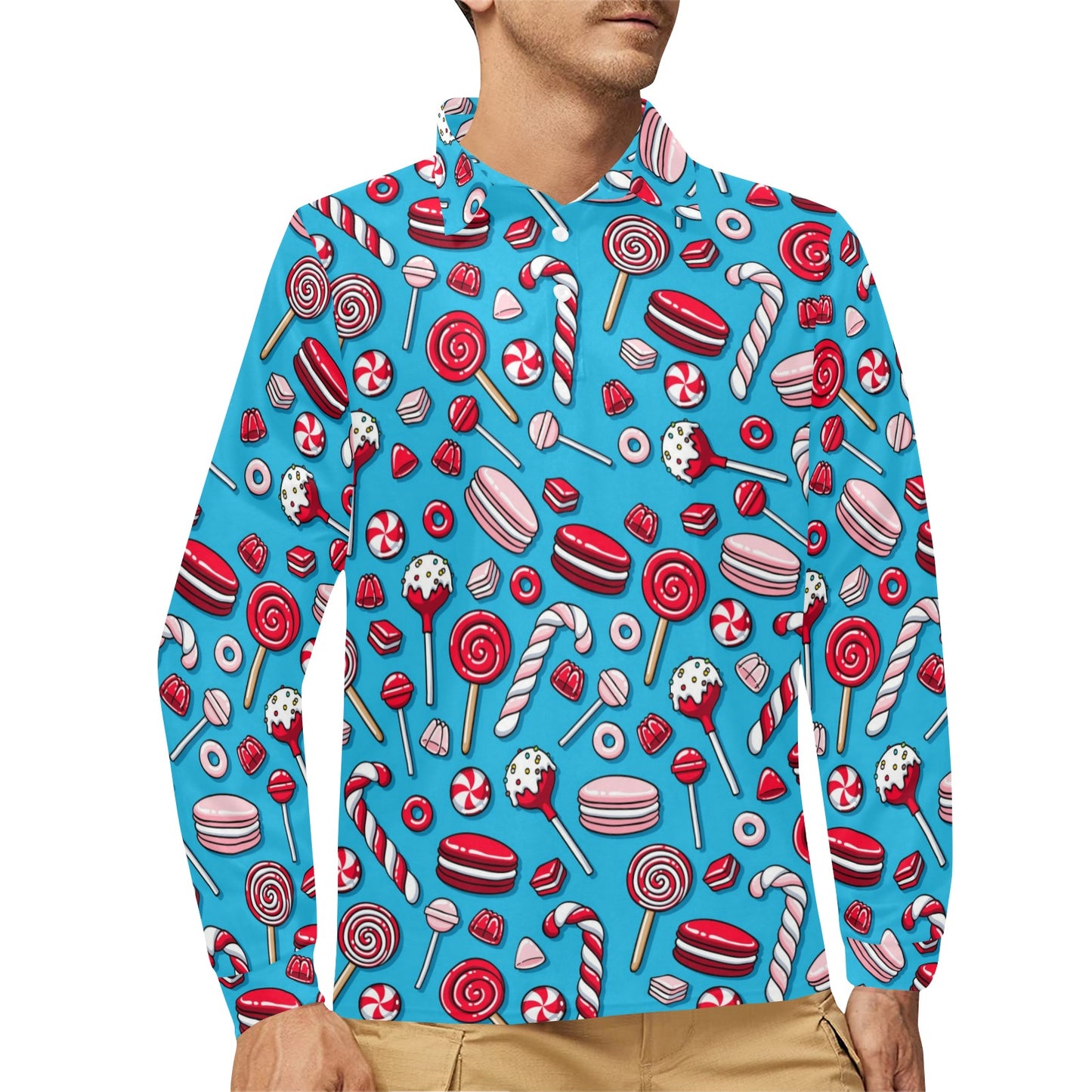 Candy Pattern Print Design 05 Long Sleeve Polo Shirt For Men's