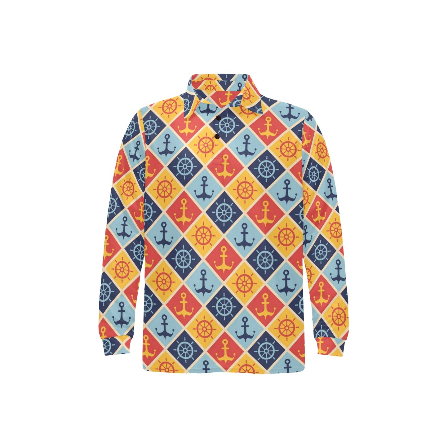 Nautical Pattern Design Themed Print Long Sleeve Polo Shirt For Men's