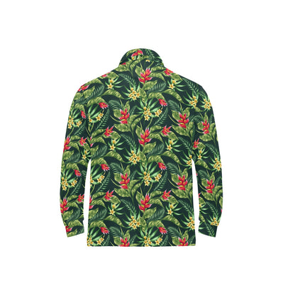 Tropical Folower Red Heliconia Print Long Sleeve Polo Shirt For Men's