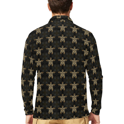 Gold Tribal Turtle Polynesian Design Long Sleeve Polo Shirt For Men's
