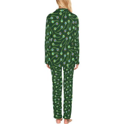 Peacock Feather Green Design Print Women's Long Pajama Set