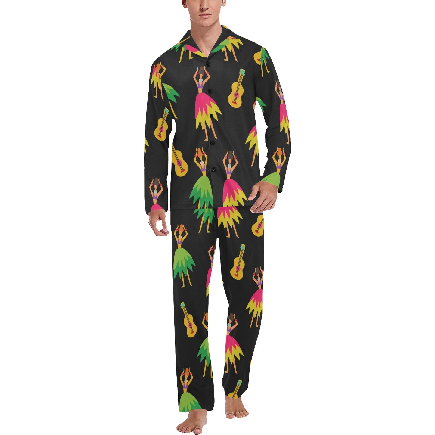 Hula Dancers Hawaiian Girl Pattern Print Design 03 Men's Long Pajama Set