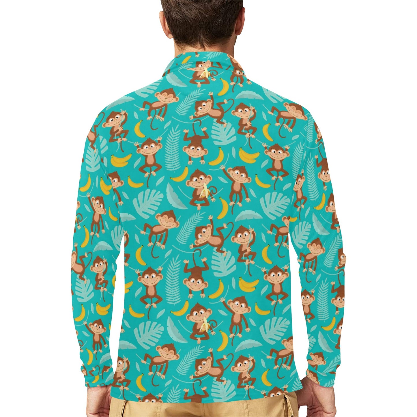 Monkey Happy Design Themed Print Long Sleeve Polo Shirt For Men's
