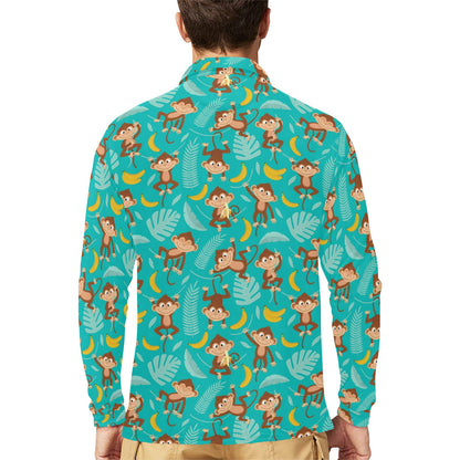 Monkey Happy Design Themed Print Long Sleeve Polo Shirt For Men's