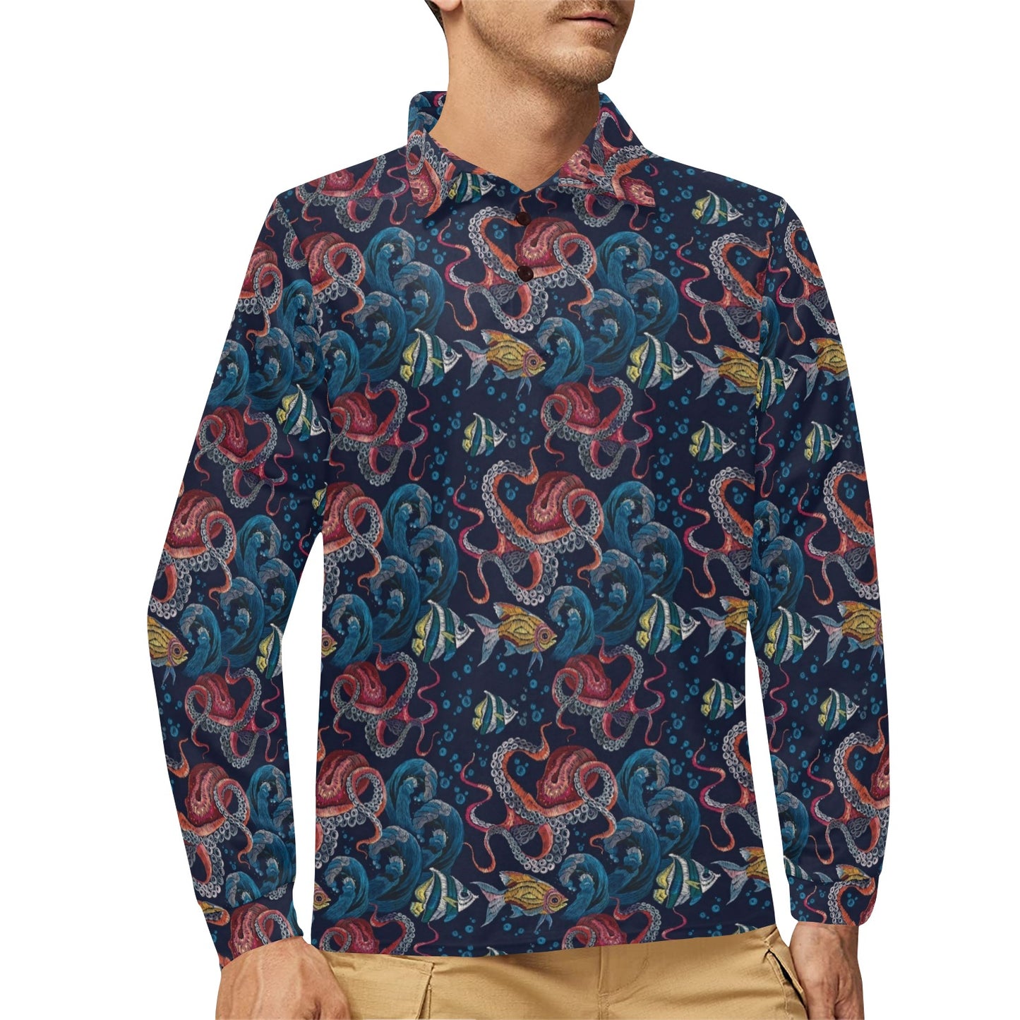 Underwater Giant Squid Print Design LKS302 Long Sleeve Polo Shirt For Men's