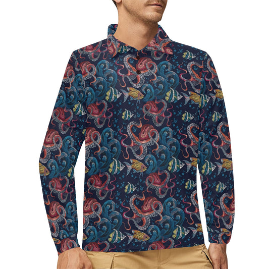 Underwater Giant Squid Print Design LKS302 Long Sleeve Polo Shirt For Men's