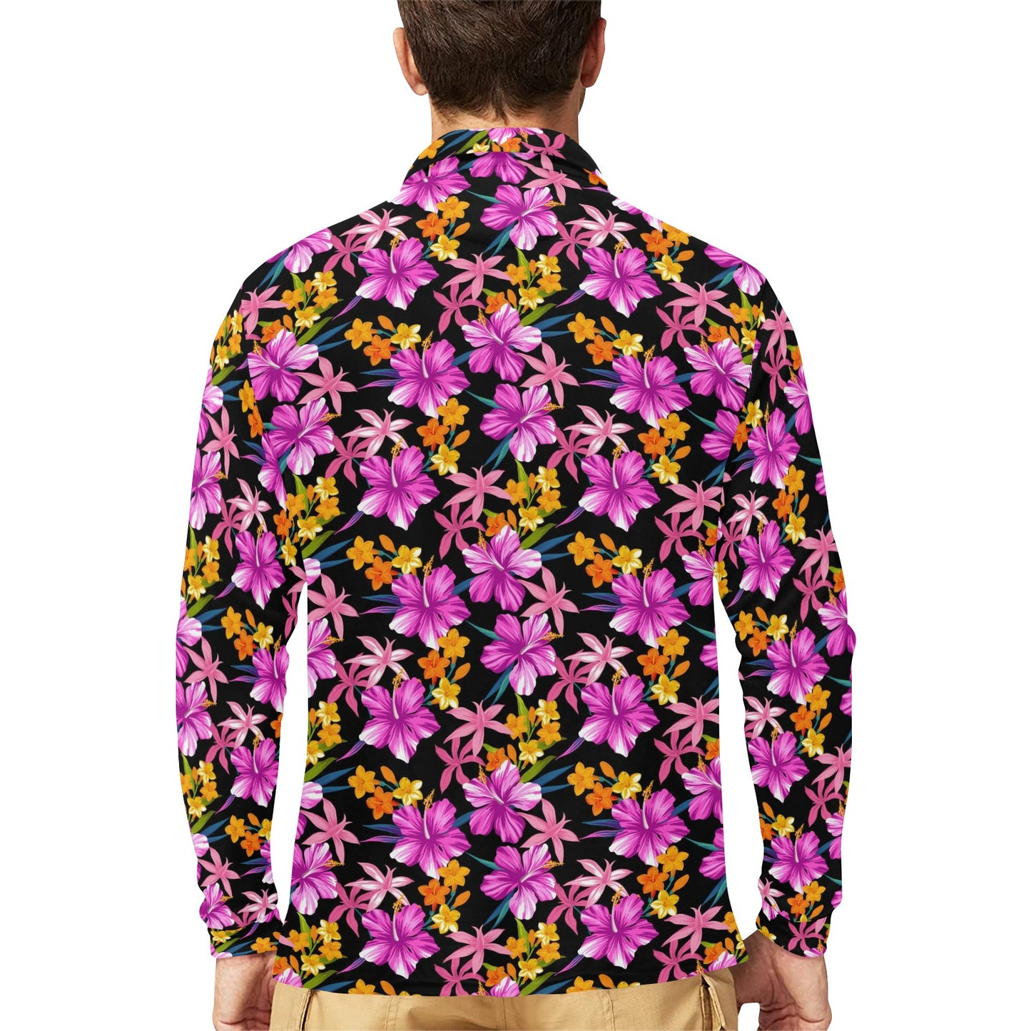 Tropical Folower Pink Hibiscus Print Long Sleeve Polo Shirt For Men's