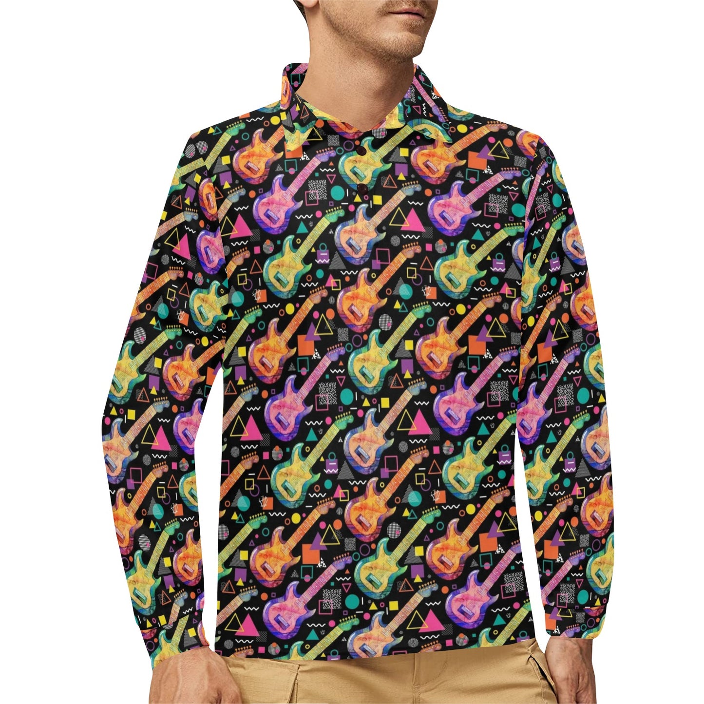 Electric Guitar Print Design LKS403 Long Sleeve Polo Shirt For Men's