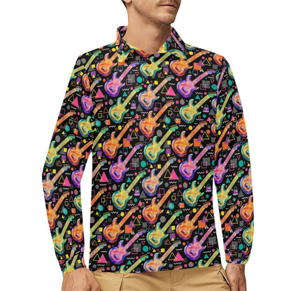 Electric Guitar Print Design LKS403 Long Sleeve Polo Shirt For Men's