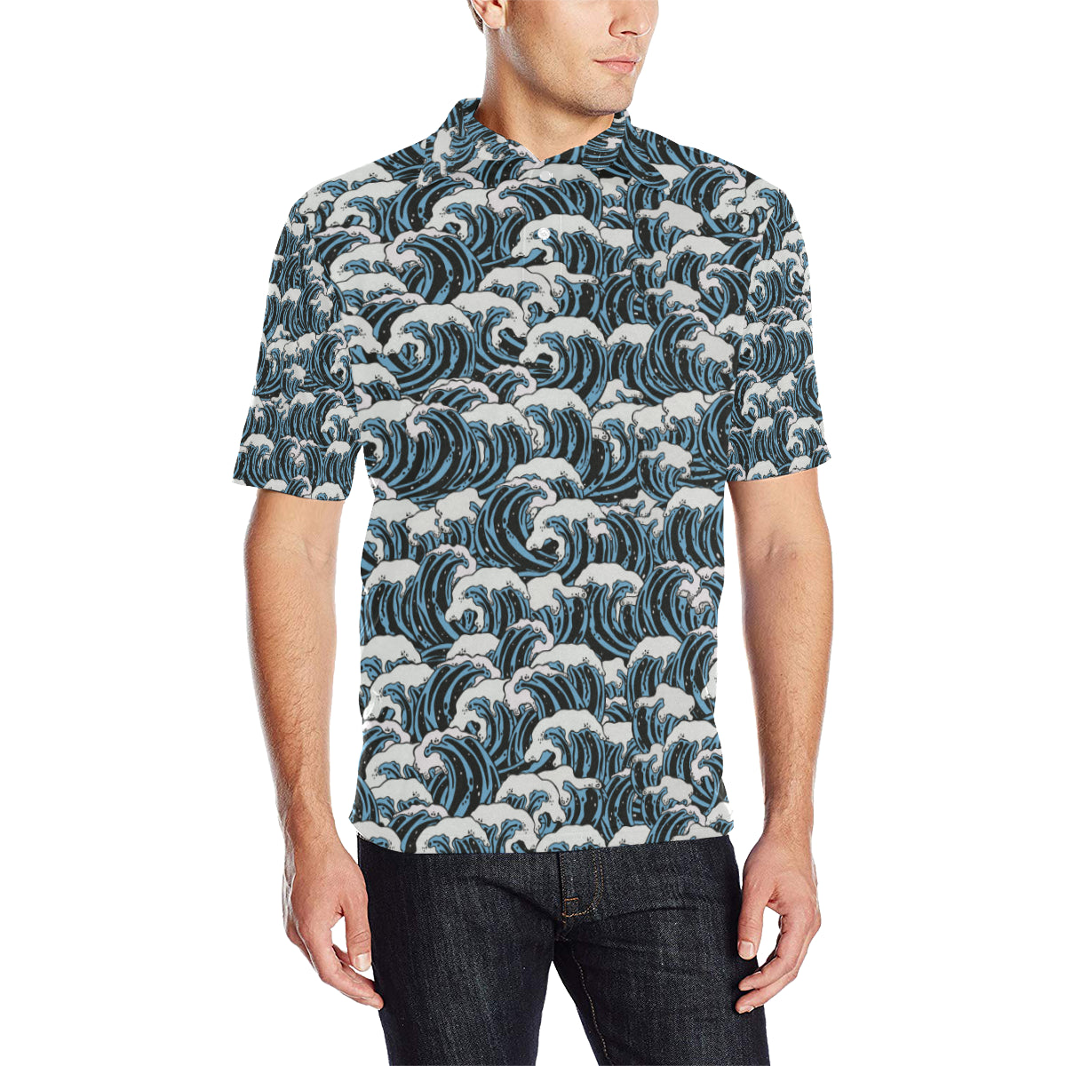 Surf Wave Pattern Print Men Polo Shirt