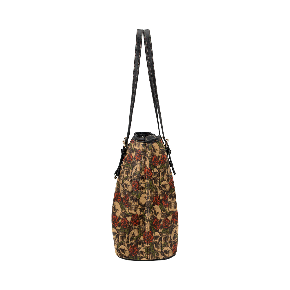 Skull Roses Vintage Design Themed Print Leather Tote Bag