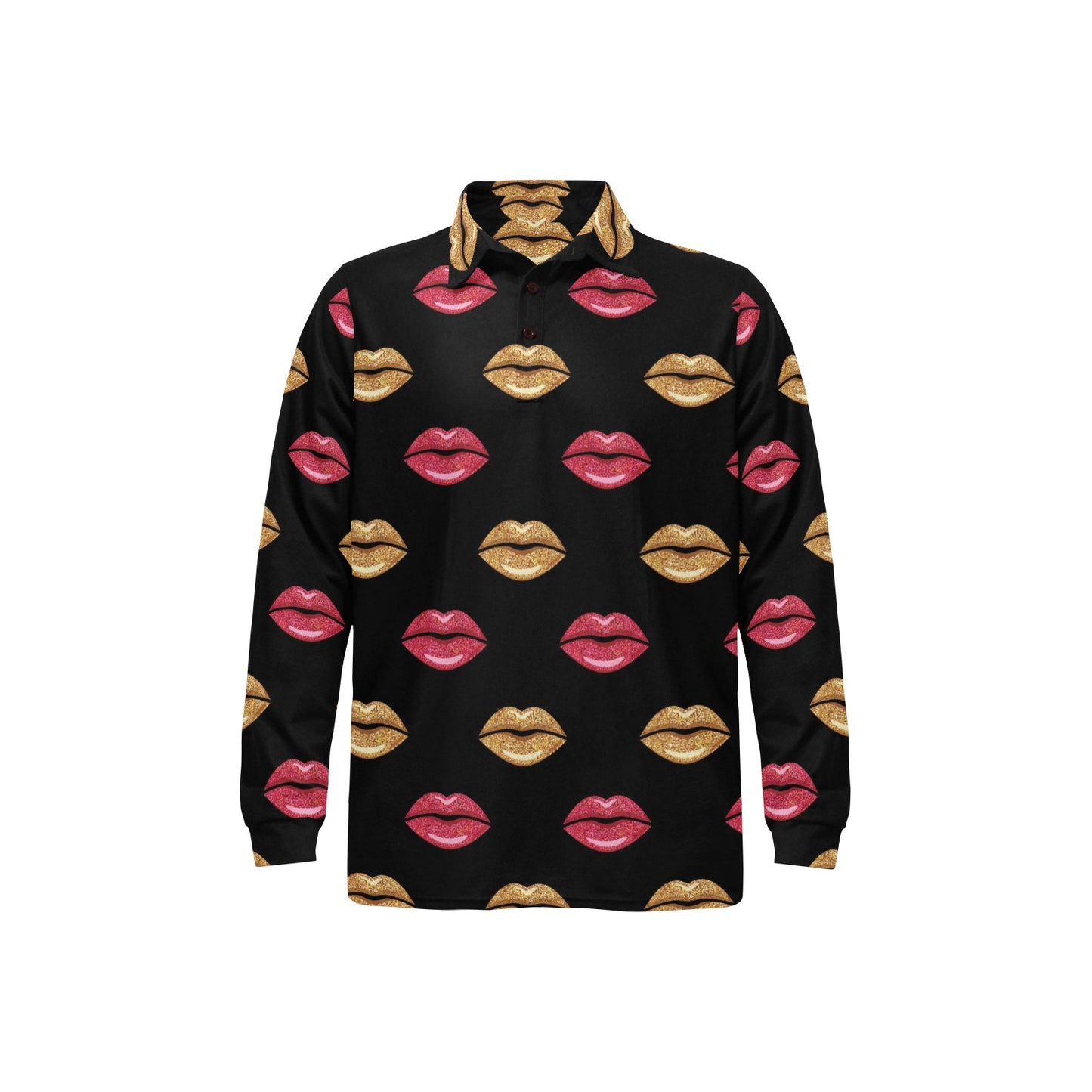 Lip Pattern Print Design 03 Long Sleeve Polo Shirt For Men's
