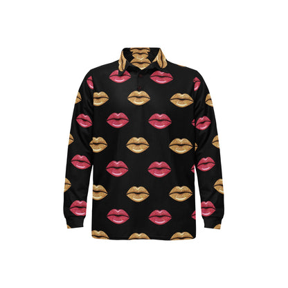 Lip Pattern Print Design 03 Long Sleeve Polo Shirt For Men's
