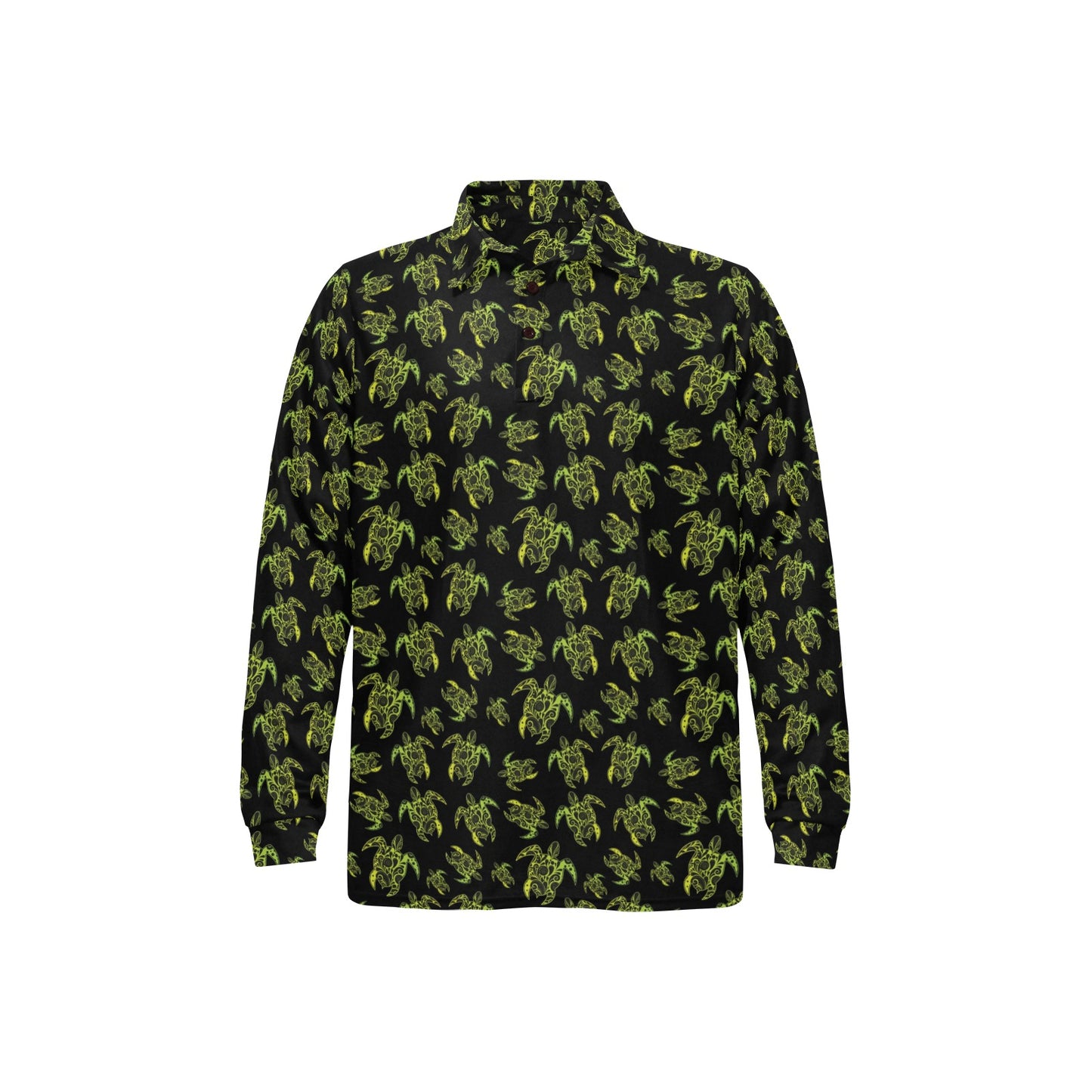 Green Tribal Turtle Polynesian Themed Long Sleeve Polo Shirt For Men's