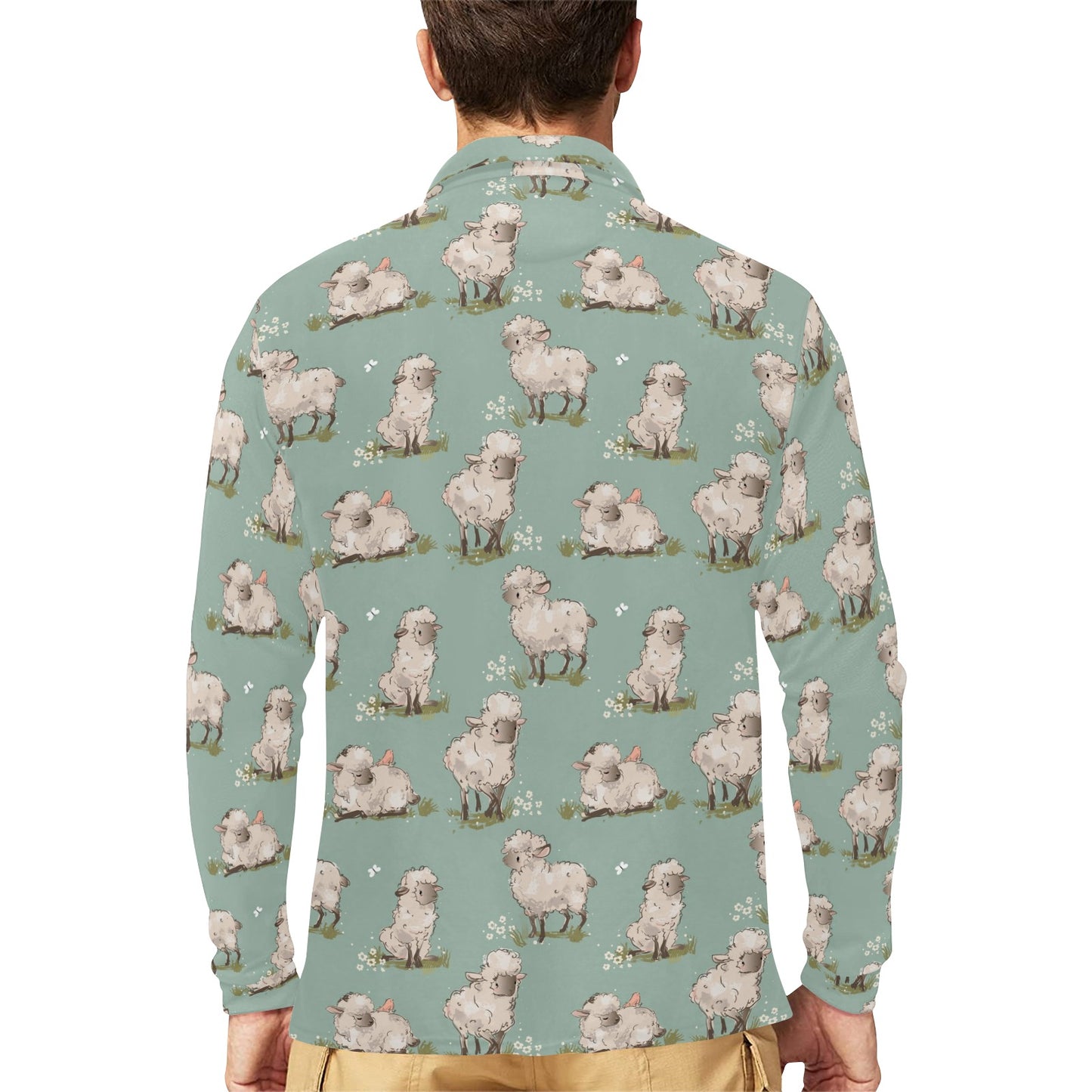Sheep Print Design LKS405 Long Sleeve Polo Shirt For Men's