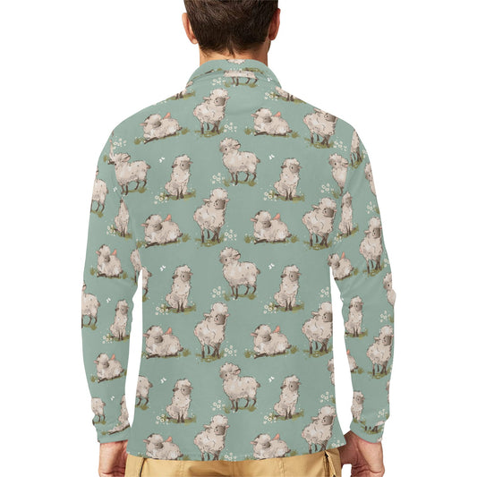 Sheep Print Design LKS405 Long Sleeve Polo Shirt For Men's