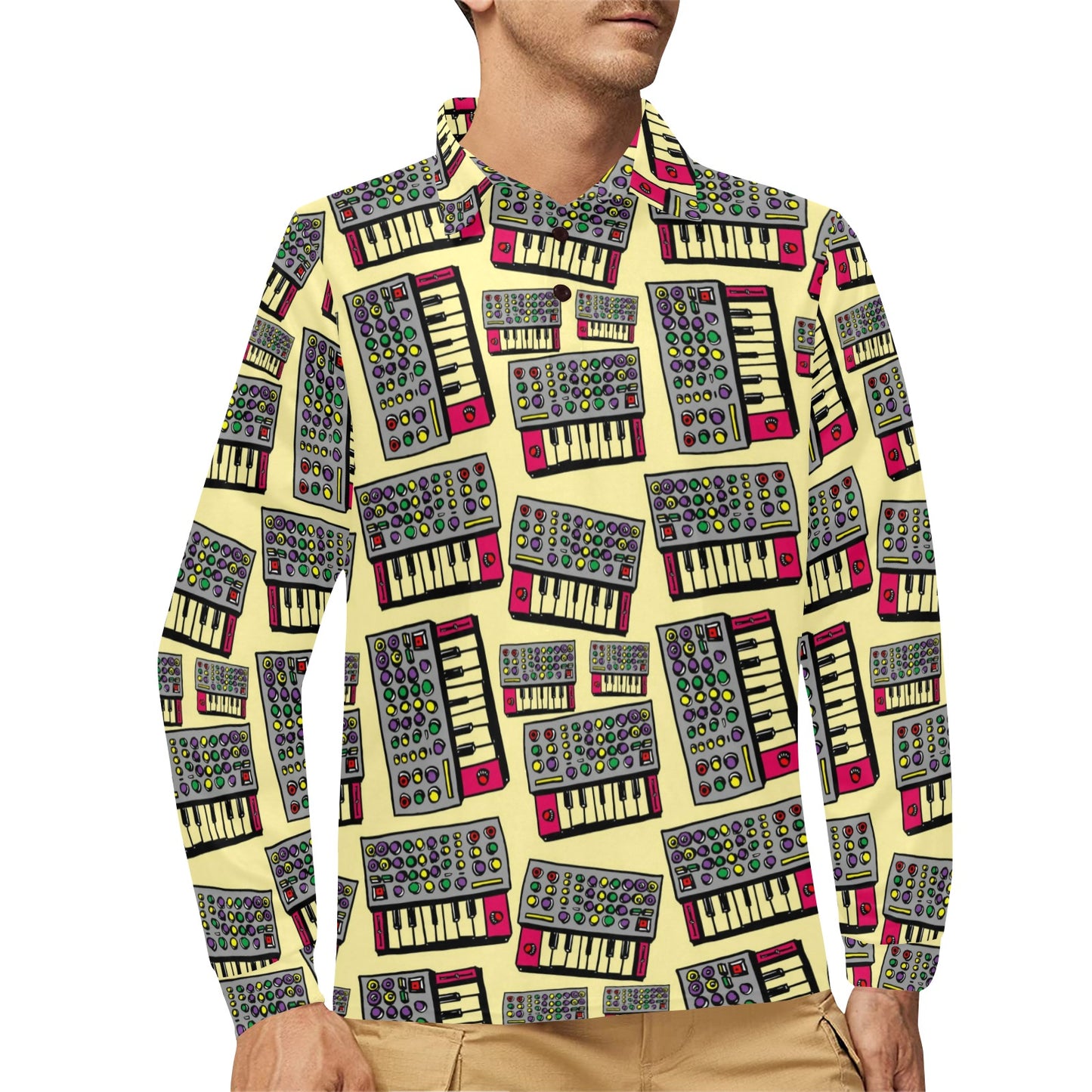 Synthesizer Pattern Print Design 01 Long Sleeve Polo Shirt For Men's