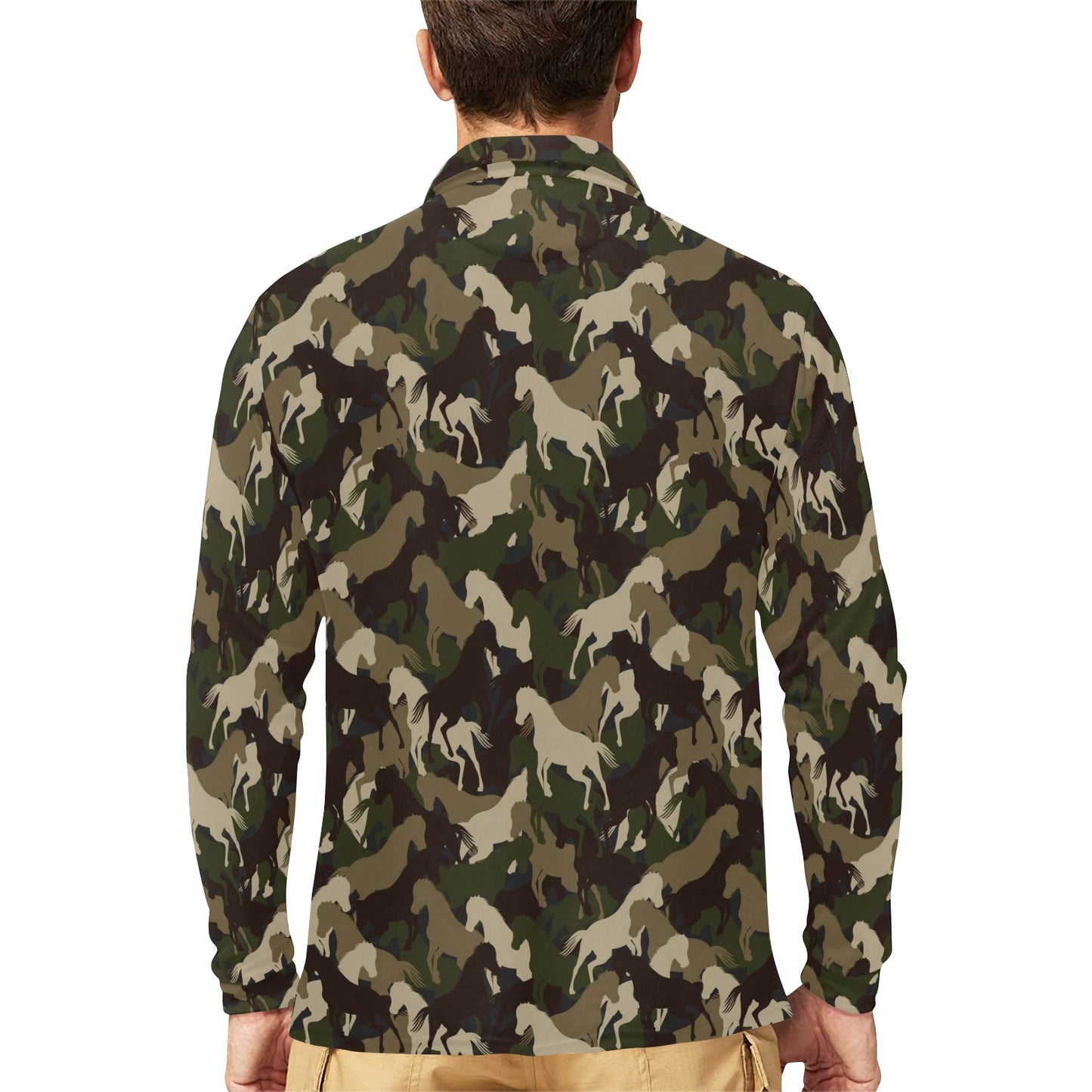 Horse Camo Themed Design Print Long Sleeve Polo Shirt For Men's