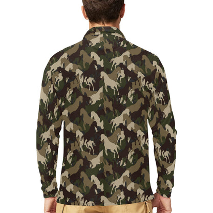 Horse Camo Themed Design Print Long Sleeve Polo Shirt For Men's