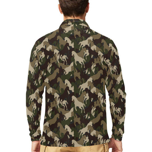 Horse Camo Themed Design Print Long Sleeve Polo Shirt For Men's