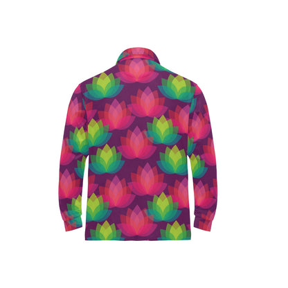 Lotus Pattern Print Design 02 Long Sleeve Polo Shirt For Men's