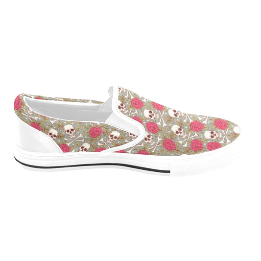 Skull Bone Rose Print Design LKS303 White Slip Ons Canvas Women's Shoes