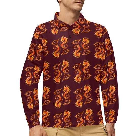 Dragons Fire Design Long Sleeve Polo Shirt For Men's