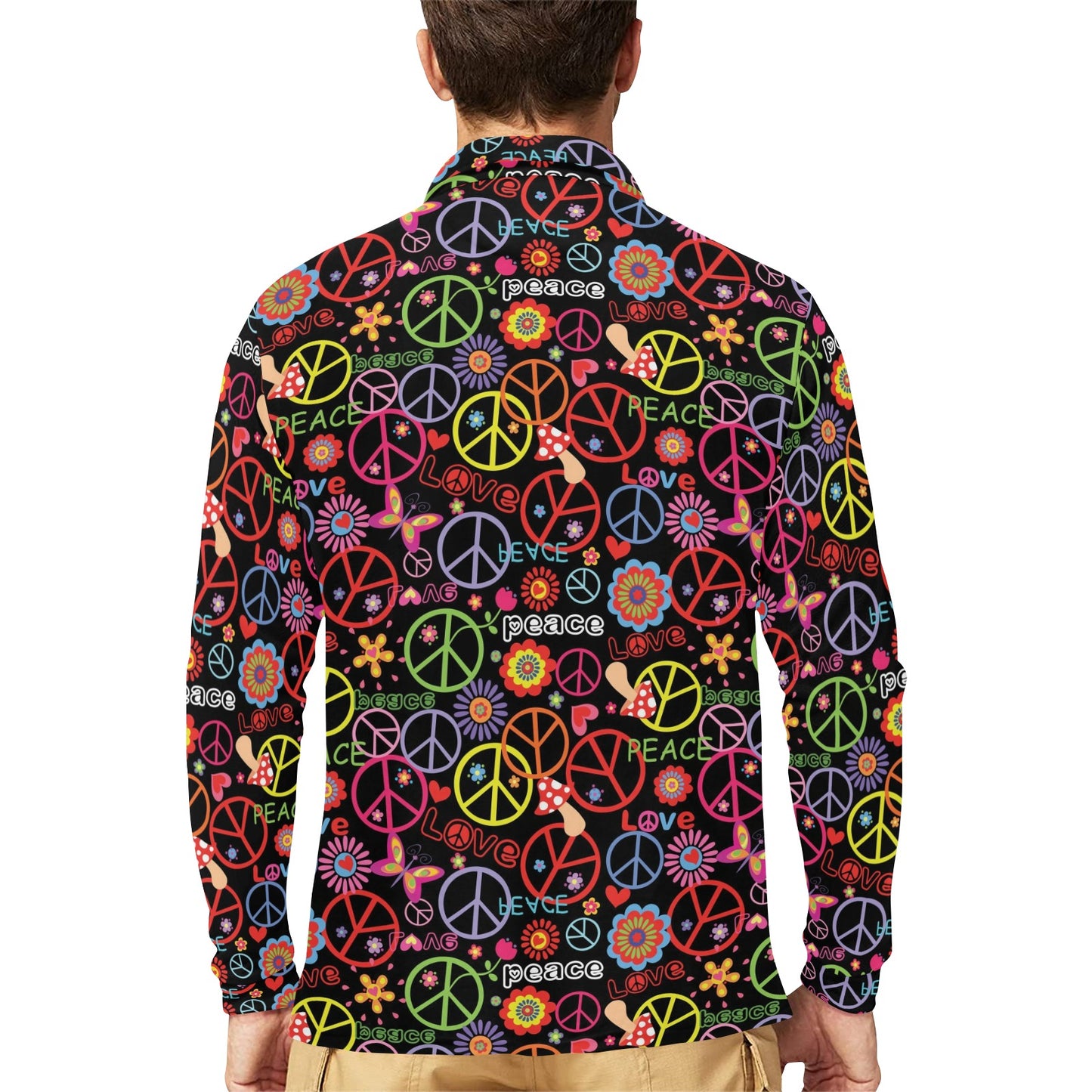 Peace Sign Colorful Design Print Long Sleeve Polo Shirt For Men's