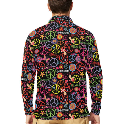 Peace Sign Colorful Design Print Long Sleeve Polo Shirt For Men's