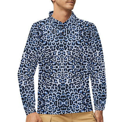 Leopard Blue Skin Print Long Sleeve Polo Shirt For Men's
