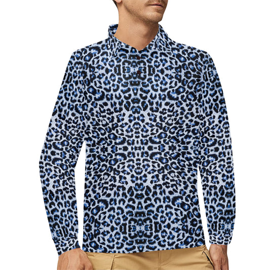 Leopard Blue Skin Print Long Sleeve Polo Shirt For Men's